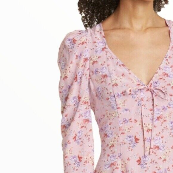 NWT LoveShackFancy Juree Floral Silk 3/4 Sleeve VNeck Mini Dress Pink Dust Storm - Picture 4 of 16